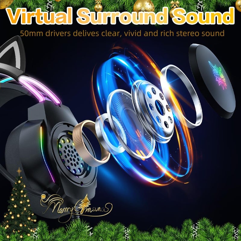 ONITOON Gaming Headset with Microphone, Cat Ear Headphones for PC Laptop PS4 PS5 Xbox Switch, Rainbow RGB Lighting & Virtual Surround Sound, 3.5mm Wired Over Ear Headphones, Ergonomic - Image 3